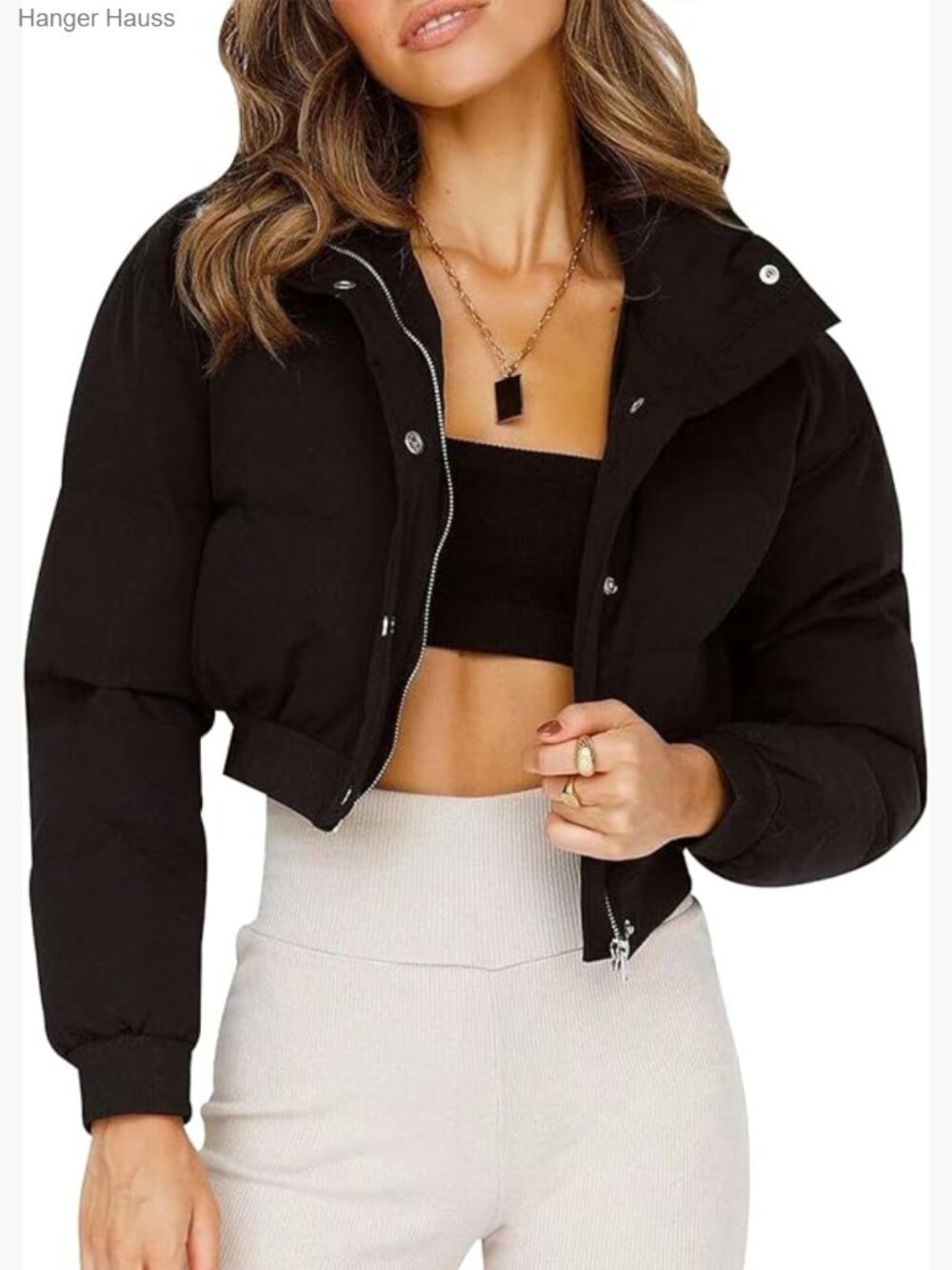 Cropped Puffer Jacket Padded Long Sleeve Bubble Coat Winter Warm Puffy Outerwear